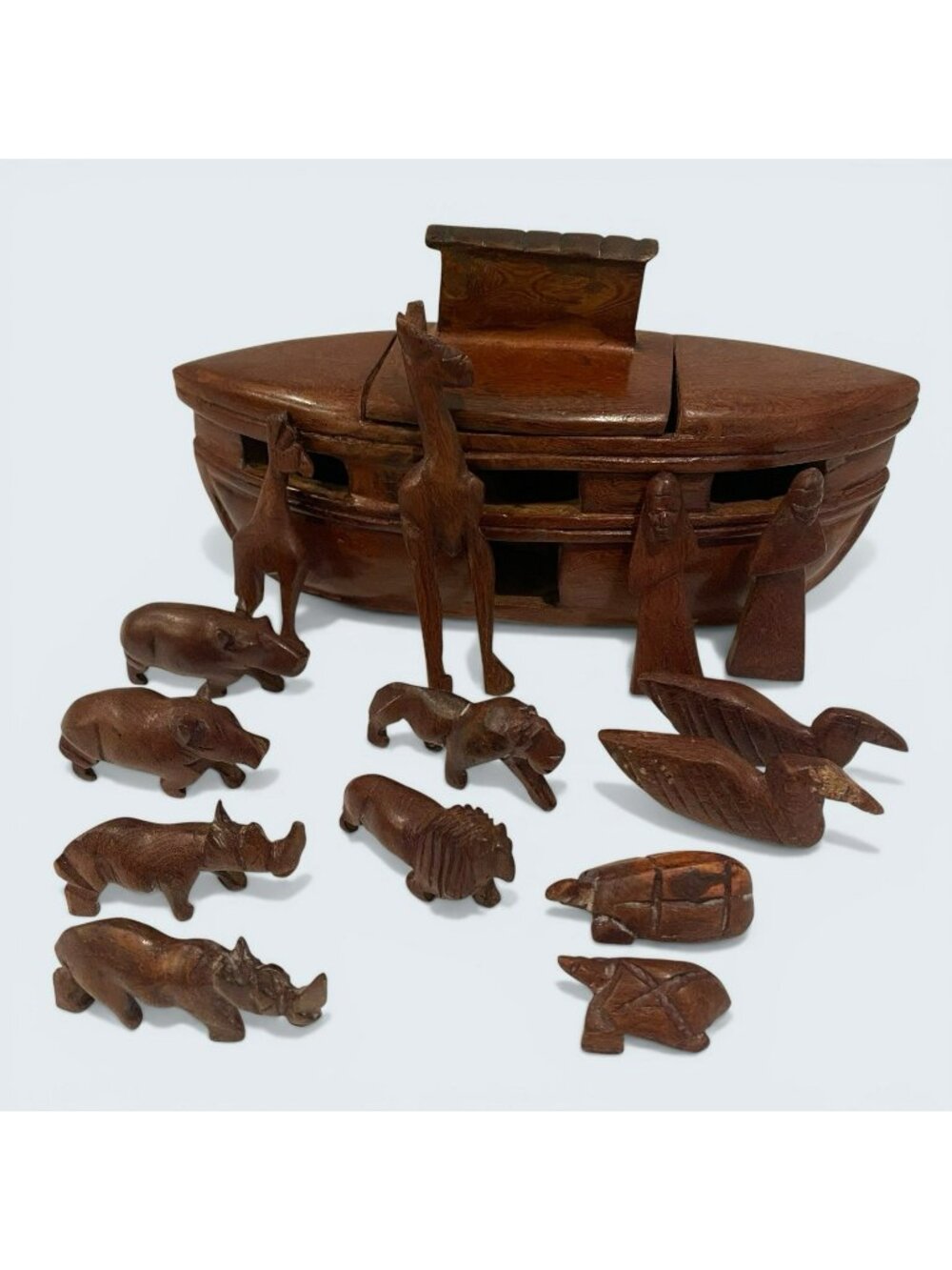 VTG Noah's Ark Wooden Carved Biblical Toy Set Or Display 12 Animals Noah  & Wife